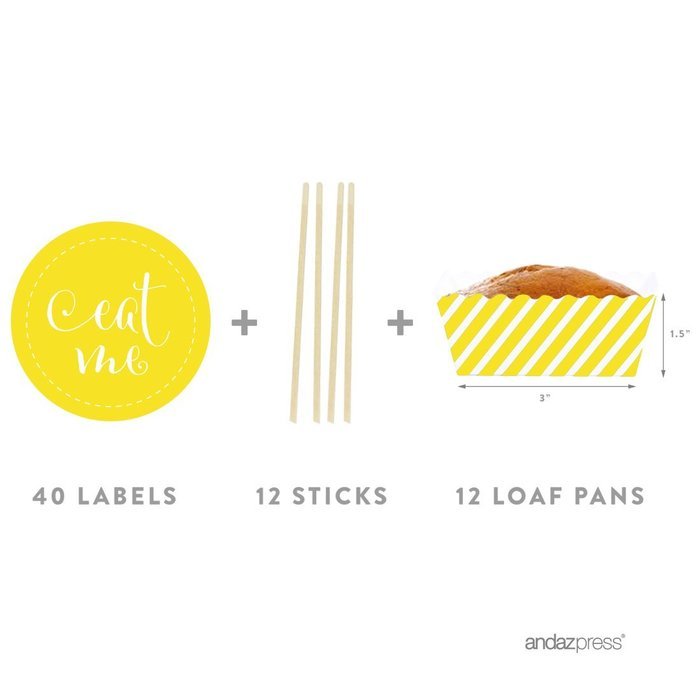 Andaz Press Party Favors Kit with Rectangle Mini Baking Loaf Pans and DIY Toppers, Eat Me, Pink, 12-Pack N34
