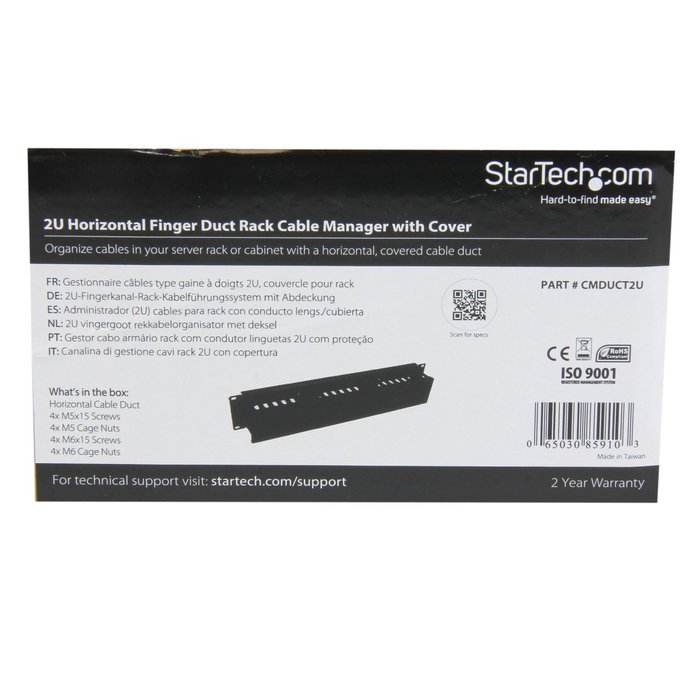 StarTech.com 2U Horizontal Finger Duct Rack Cable Management Panel with Cover CMDUCT2U Black N16