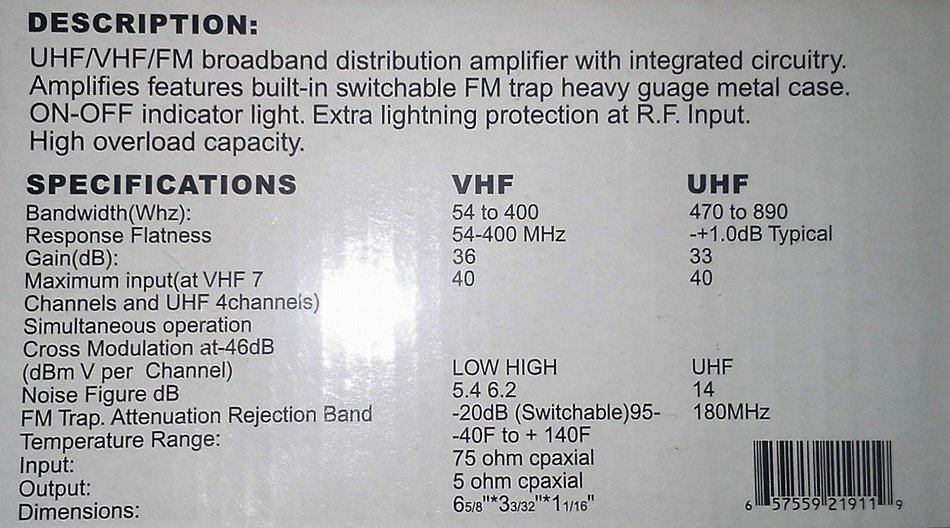 36DB Hdtv Booster Signal Amplifier VHF UHF FM with gain control digital RF connections 36 DB N2