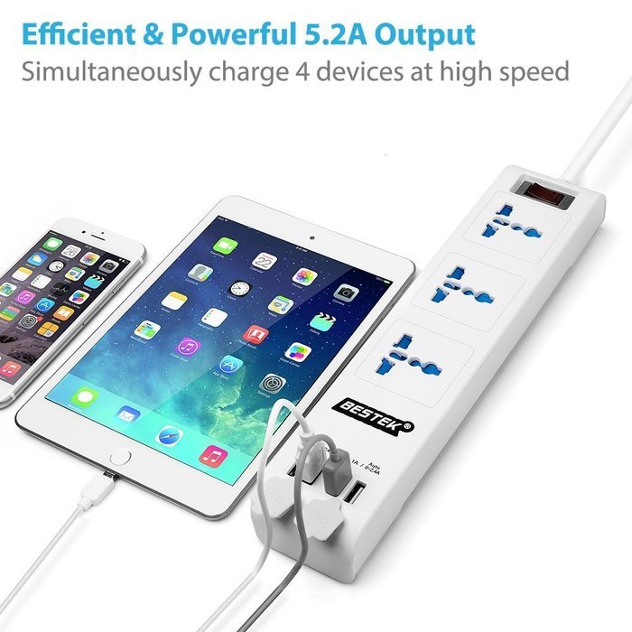 BESTEK 3 Universal Outlets Surge Protector Power Strip with 5.2A 4 USB Charging Ports N5