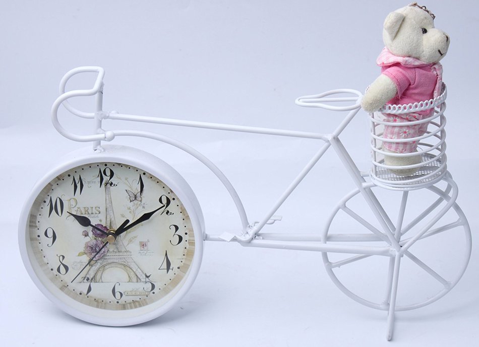 Decorative Metal Bicycle Desk Clock, 14" Long, 9" Tall with Effiel Tower Pattern
