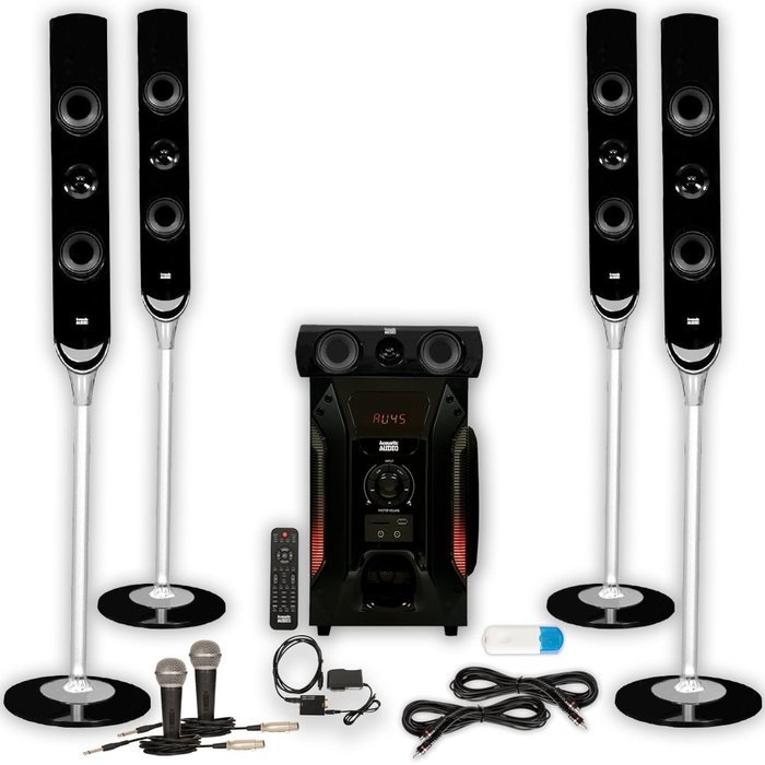 Acoustic Audio AAT1000 Tower 5.1 Speakers with USB Bluetooth Optical Input 2 Mics and 2 Extension Cables