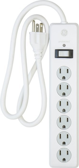 GE 14014 6-Outlet General Purpose Surge Protector, 800 Joules, 8ft Cord, White, with Twist to Lock Safety Covers... N5