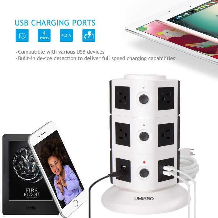 Umirro 10-Outlet Power Strip with 4 USB Charging Ports &ndash; Pearl White &hellip; N4