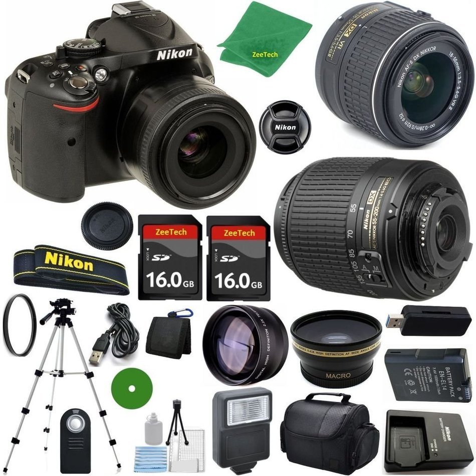 Nikon D5200 - International Version (No Warranty), 18-55mm f/3.5-5.6 DX VR, Nikon 55-200mm f4-5.6G ED DX Nikkor... N2