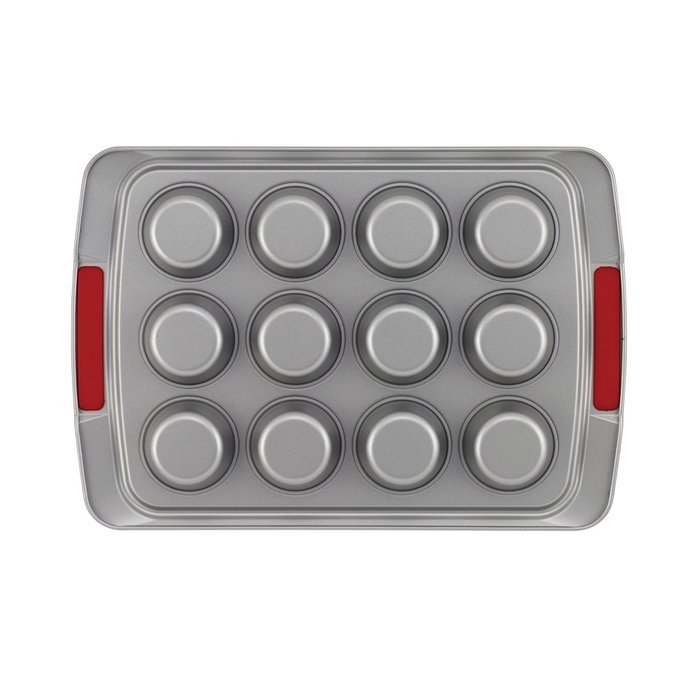 Cake Boss Deluxe Nonstick Bakeware 12-Cup Covered Muffin Pan, Gray with Red Silicone Grips N4