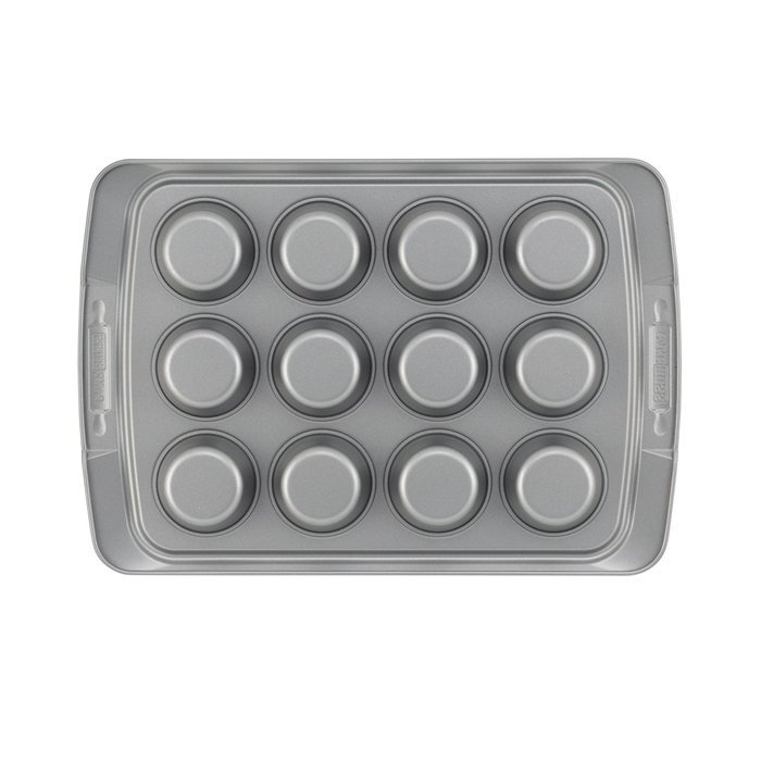 Cake Boss Deluxe Nonstick Bakeware 12-Cup Covered Muffin Pan, Gray with Red Silicone Grips N5