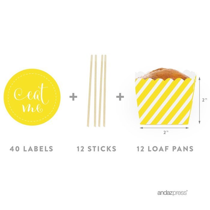 Andaz Press Party Favors Kit with Rectangle Mini Baking Loaf Pans and DIY Toppers, Eat Me, Pink, 12-Pack N41