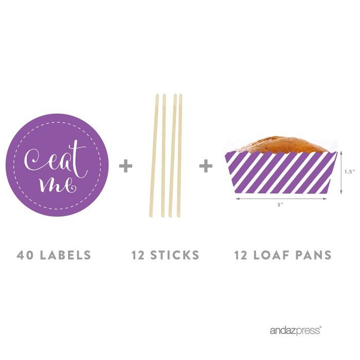 Andaz Press Party Favors Kit with Rectangle Mini Baking Loaf Pans and DIY Toppers, Eat Me, Pink, 12-Pack N43