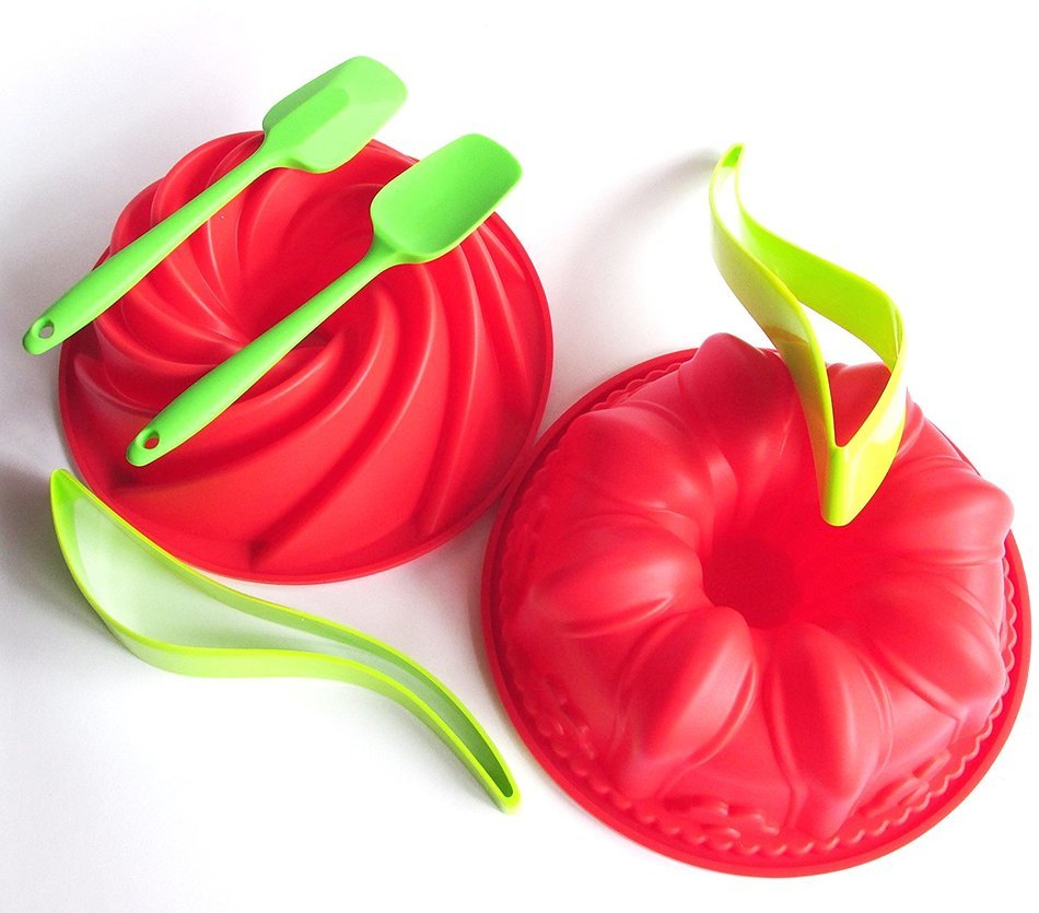 chef habitu&eacute;- Deluxe Set of Silicone Round Bundt Cake Pans in 2 Designs Baking Mold Sets - Includes Red Silicone... N10