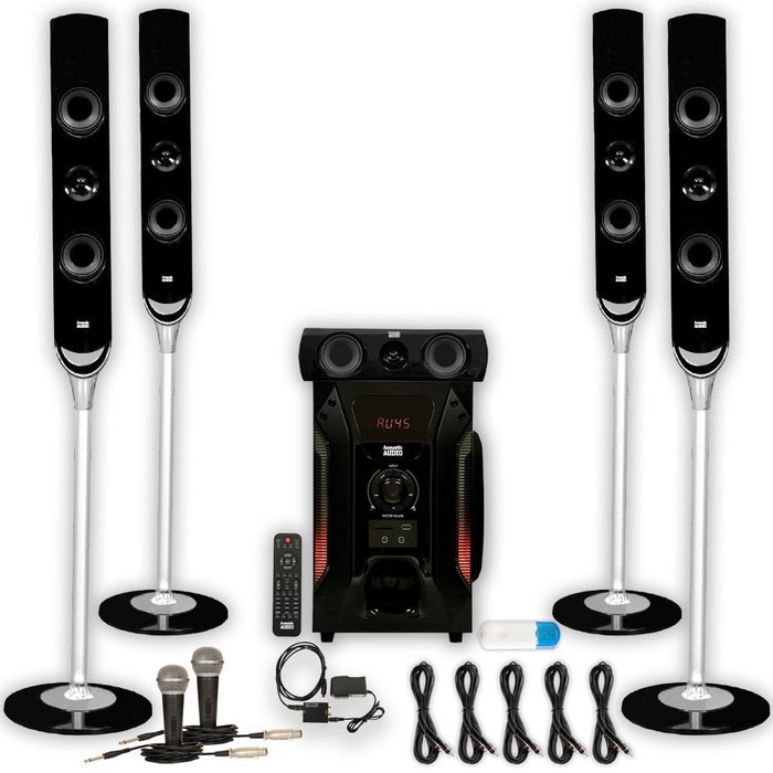 Acoustic Audio AAT1000 Tower 5.1 Speakers with USB Bluetooth Optical Input 2 Mics and 5 Extension Cables