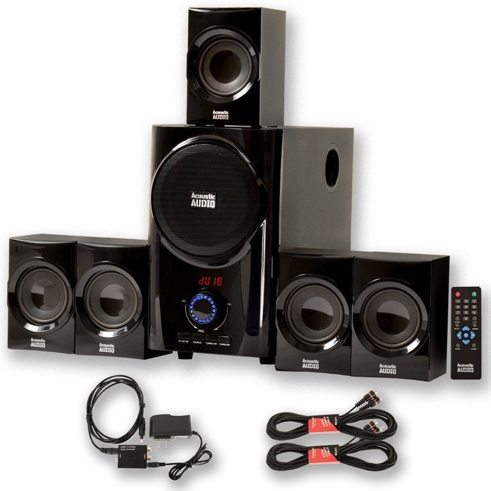 Acoustic Audio AA5160 Home 5.1 Speaker System with Optical Input FM Tuner and 2 Extension Cables