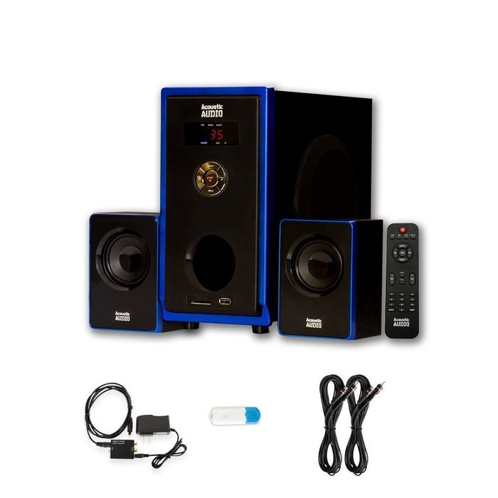 Acoustic Audio AA2102 Home 2.1 Speaker System with USB Bluetooth Optical Input and 2 Ext. Cables