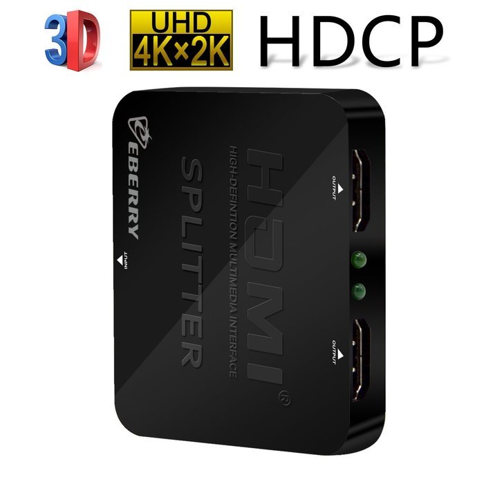 HDMI Splitter, eBerry HDMI 2 Ports 1x2 Powered Splitter V1.4 Certified for Ultra HD 2160P 4Kx2K Full HD 1080P...