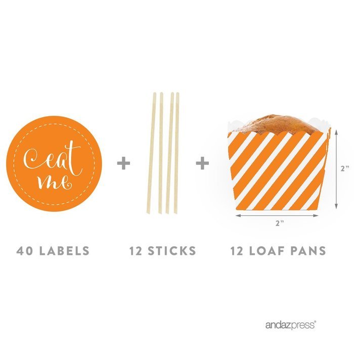Andaz Press Party Favors Kit with Rectangle Mini Baking Loaf Pans and DIY Toppers, Eat Me, Pink, 12-Pack N48
