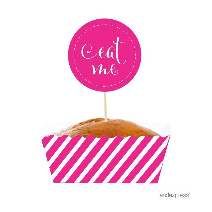 Andaz Press Party Favors Kit with Rectangle Mini Baking Loaf Pans and DIY Toppers, Eat Me, Pink, 12-Pack N51