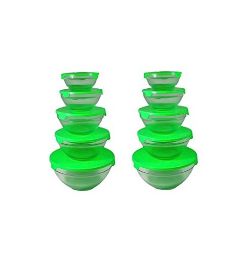 Alpine Cuisine 5-piece Nesting Glass Bowl Set with Green Lids (Pack of 2). Each pack has 5 bowls and 5 lids.