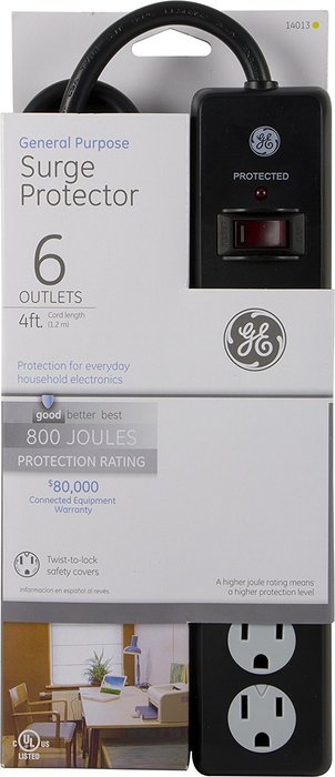 GE 14014 6-Outlet General Purpose Surge Protector, 800 Joules, 8ft Cord, White, with Twist to Lock Safety Covers... N8