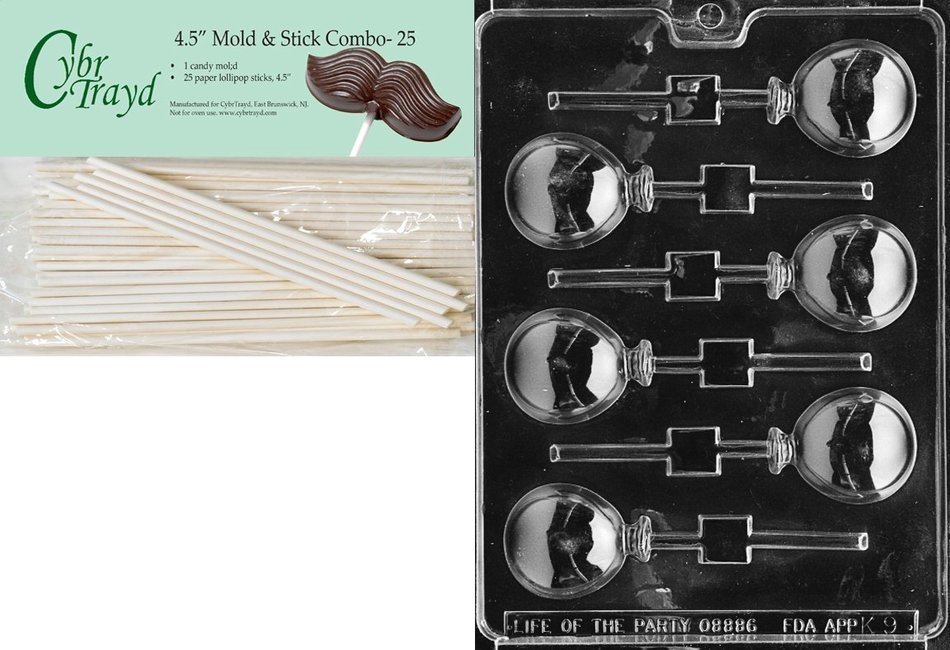 Cybrtrayd 45St25-K009 Balloons Lolly Kids Chocolate Candy Mold with 25 Cybrtrayd 4.5-Inch Lollipop Sticks