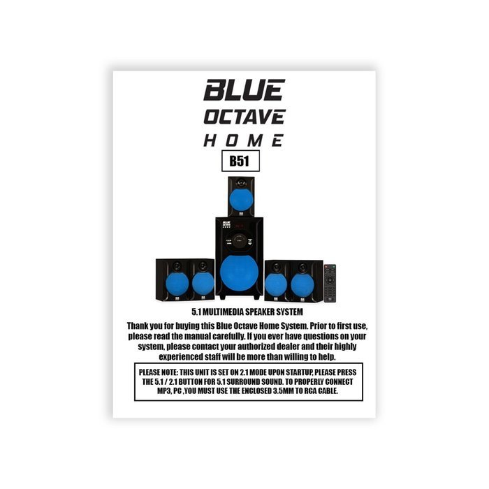 Blue Octave B51 Home Theater 5.1 Speaker System with Bluetooth Optical Input and 2 Extension Cables N3