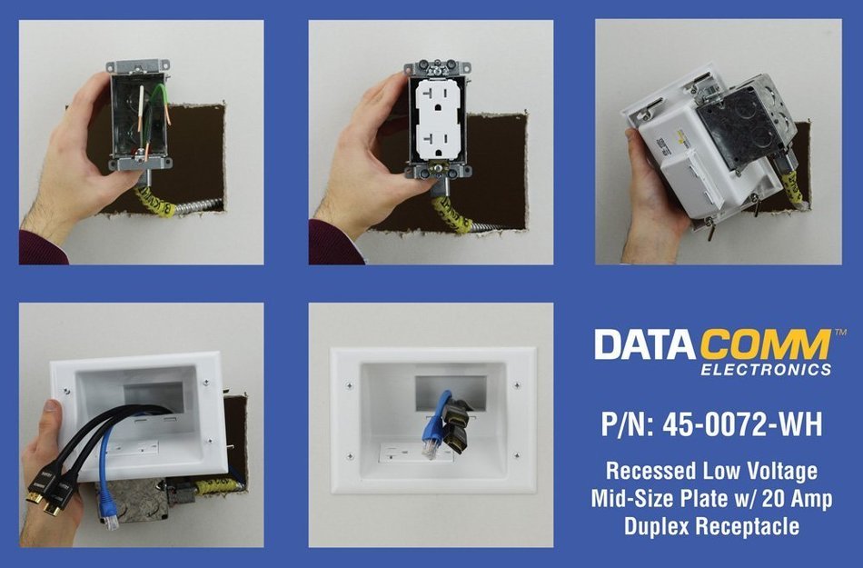 DataComm Electronics 45-0081-WH Recessed AV/HDMI Cable Conceal Plate with Dual Power Surge Suppressor N5