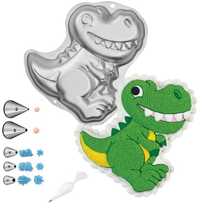Wilton Dinosaur Shaped Cake Pan Bundle of 10 Items: Dinosaur Cake Pan, Decorating Tips and Decorating Bags N3