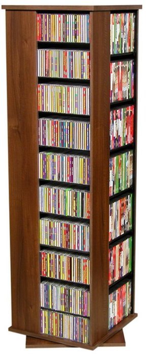 Dual Sided Revolving Media Storage Tower w Dark Walnut Finish