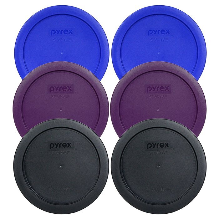 Pyrex 7201-PC Round 4 Cup Storage Container Lids for Glass Bowls (2-Light Blue, 2-Purple, 2-Black)