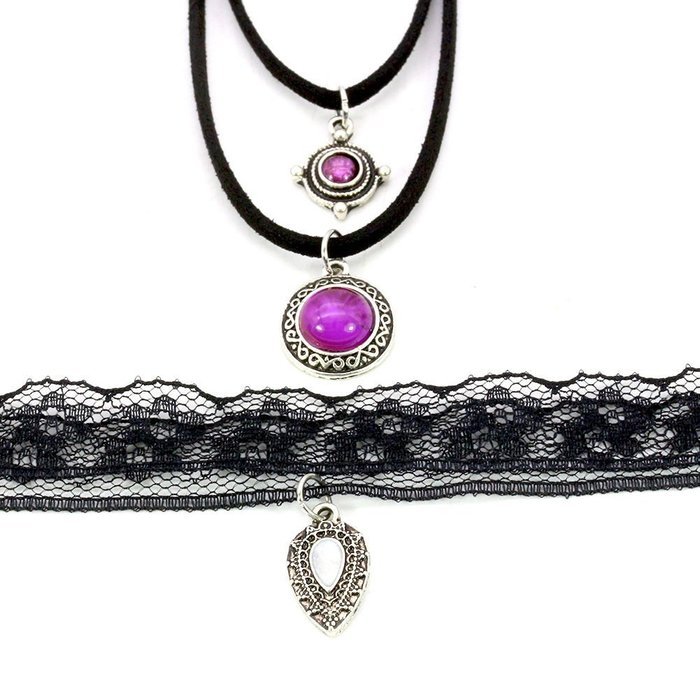 3pcs/set Woman Crystal Pendant Black Lace&Velvet Choker Necklace Statement Bib