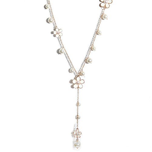 Top Sale Women's Elegant Pearl White Flower Pendant Sweater Long Chain Necklaces