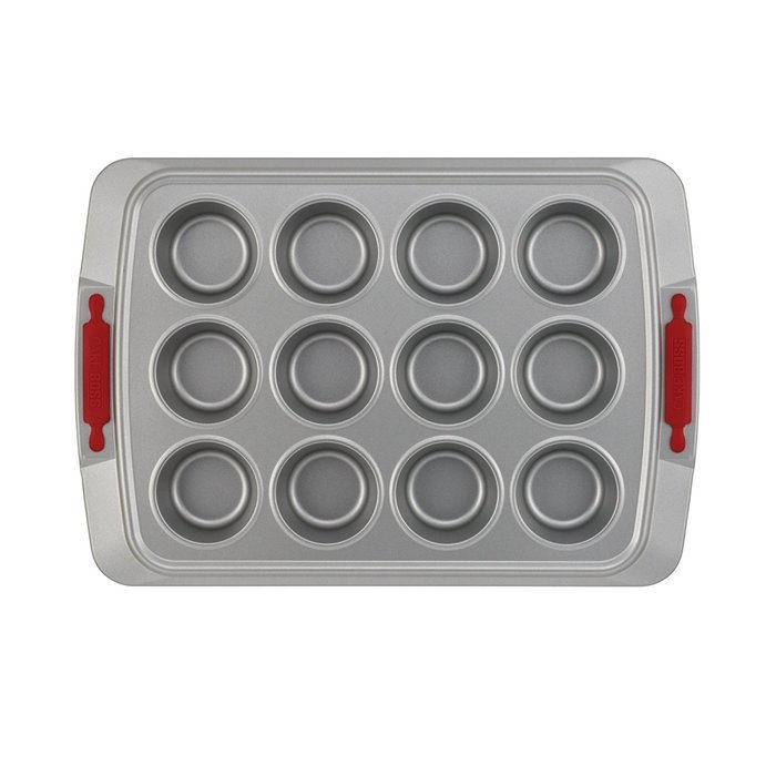 Cake Boss Deluxe Nonstick Bakeware 12-Cup Covered Muffin Pan, Gray with Red Silicone Grips N6