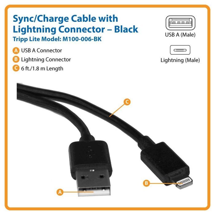 Tripp Lite Apple MFI Certified 10-Feet 3M Lightning to USB Cable Sync Charge iPhone/iPod/iPad - Black (M100-010... N6