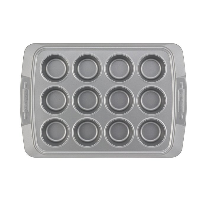 Cake Boss Deluxe Nonstick Bakeware 12-Cup Covered Muffin Pan, Gray with Red Silicone Grips N8