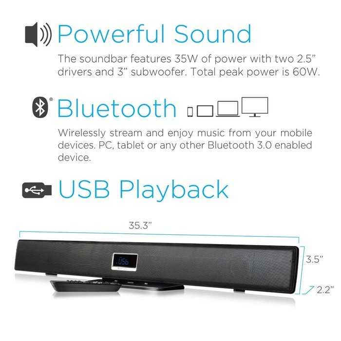 Ematic ESB210 Ultra-Slim 2.1 Channel Wireless Soundbar with Bluetooth and LED Display (Black) N2