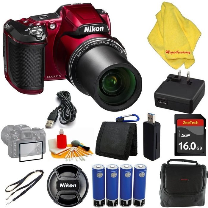 Nikon COOLPIX L840 Digital Camera with 38x Optical Zoom and Built-In Wi-Fi (Red)+ Case+16 GB Card+Reader + 6pc...