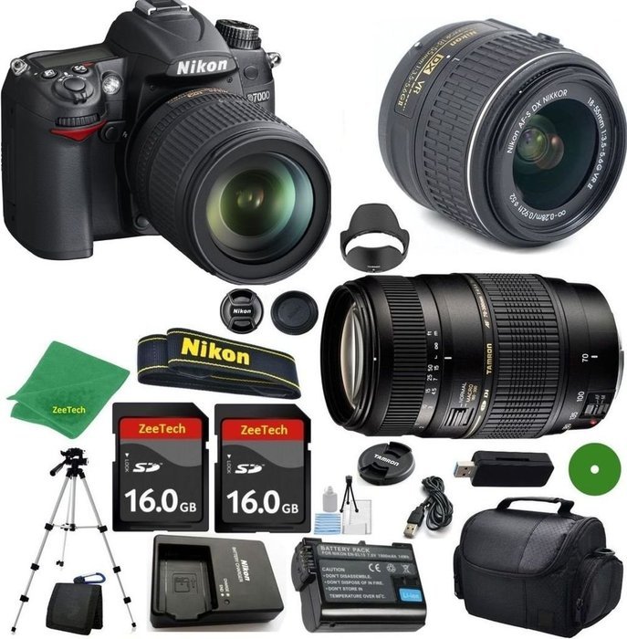 Nikon D7000 International Version - No Warranty, 18-55mm f/3.5-5.6 VR, Tamron 70-300mm DI LD Zoom, 2pcs 16GB ZeeTech...