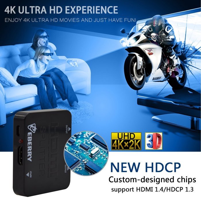 HDMI Splitter, eBerry HDMI 2 Ports 1x2 Powered Splitter V1.4 Certified for Ultra HD 2160P 4Kx2K Full HD 1080P... N5