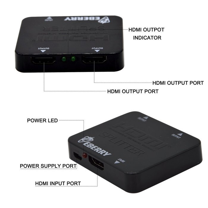 HDMI Splitter, eBerry HDMI 2 Ports 1x2 Powered Splitter V1.4 Certified for Ultra HD 2160P 4Kx2K Full HD 1080P... N6