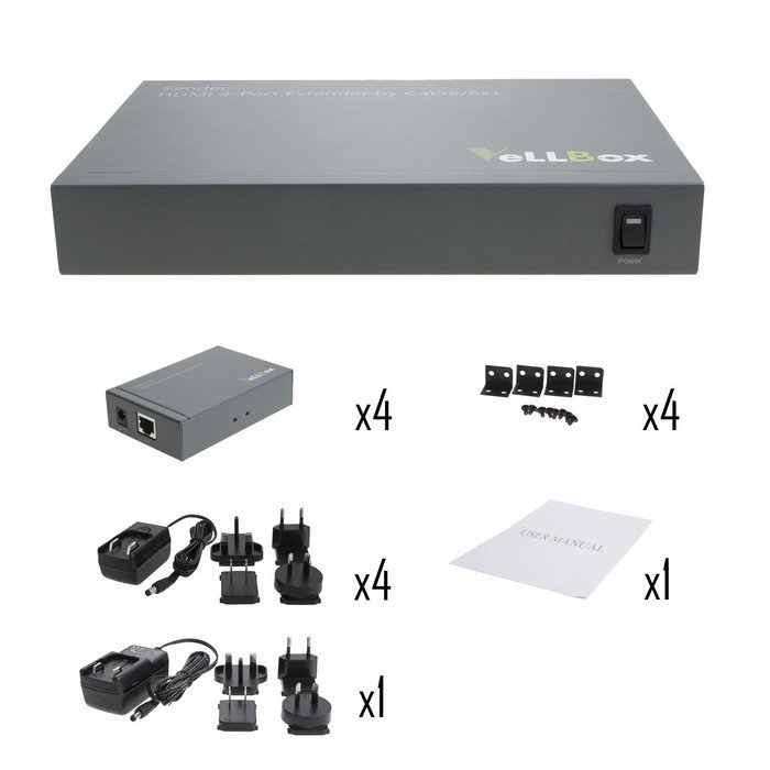 VeLLBox HDMI 4-port Extender by cat-5e/6 cable 50m Support Resolution up to 1080p, Universal Power Adapter, Grey N3