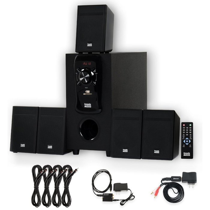 Acoustic Audio AA5150 Home 5.1 Speaker System with Bluetooth Optical Input FM and 4 Extension Cables