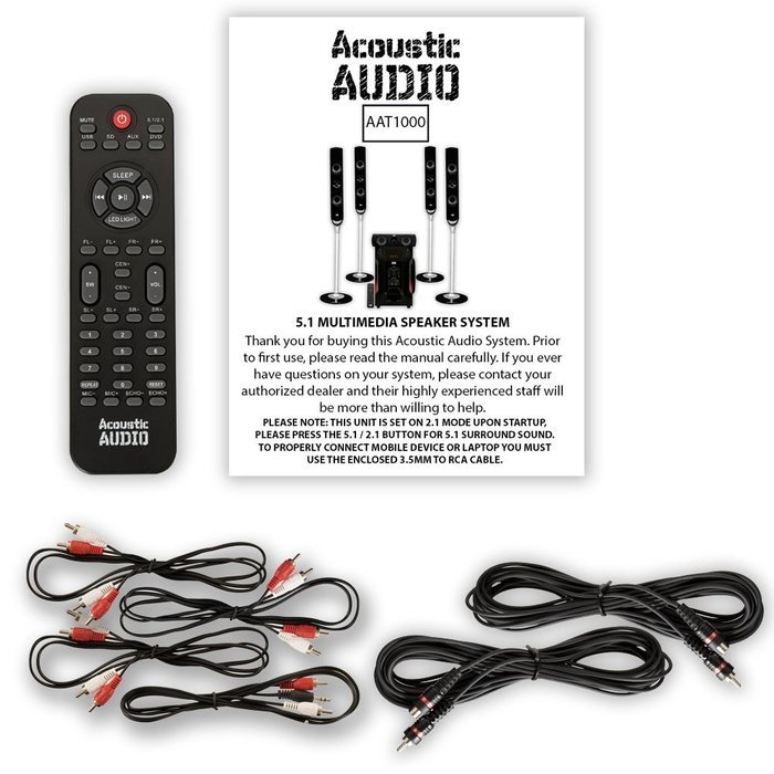 Acoustic Audio AAT1000 Tower 5.1 Home Speaker System with Powered Sub and 2 Extension Cables