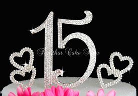 Deluxe Quinceanera 15 Numbers cake topper in rhinestones crystal Hearts cake pick Set