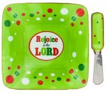 Rejoice in the Lord 6" X 6" Ceramic Cheese Ball Dipping Bowl with Stainless Steel Spreader - Green with Dots
