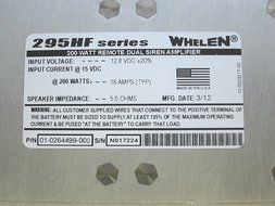 Whelen 295HFSA7 295 Series Siren &amp; Amplifier Kit 100w Dual Amp w/12 Tones 01-0464499-00 N6