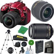 Nikon D5300 Red - International Version (No Warranty), 18-55mm f/3.5-5.6 DX VR, Nikon 55-200mm f4-5.6G VR, Tripod...