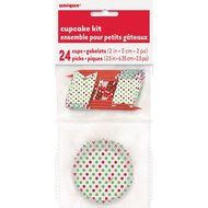 Red and Green Polka Dot Holiday Cupcake Kit for 24