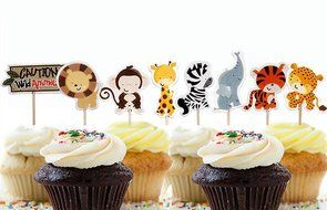 Yunko 24 Pcs Cute Decorative Cupcake Muffin Toppers Wild Animals Zoo Zebra Lion Tiger Elephant Giraffe Baby Shower... N32