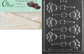 Cybrtrayd 45St50-A135 Paw Print Lolly Animal Chocolate Candy Mold with 50 4.5-Inch Lollipop Sticks