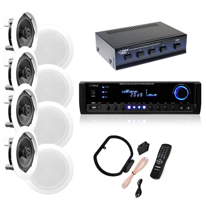 4 Pairs of 150W 5.25" In-Wall / In-Ceiling Stereo White Speakers w/ 300W Digital Home Stereo Receiver w/ USB/SD...
