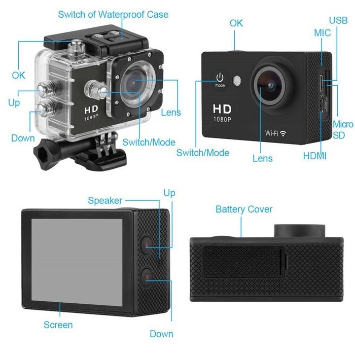 Y8-P 2.0 Inch WiFi 1080P Full HD 30M Waterproof H264 12Mp Video Action DV Sports Camera Black N8